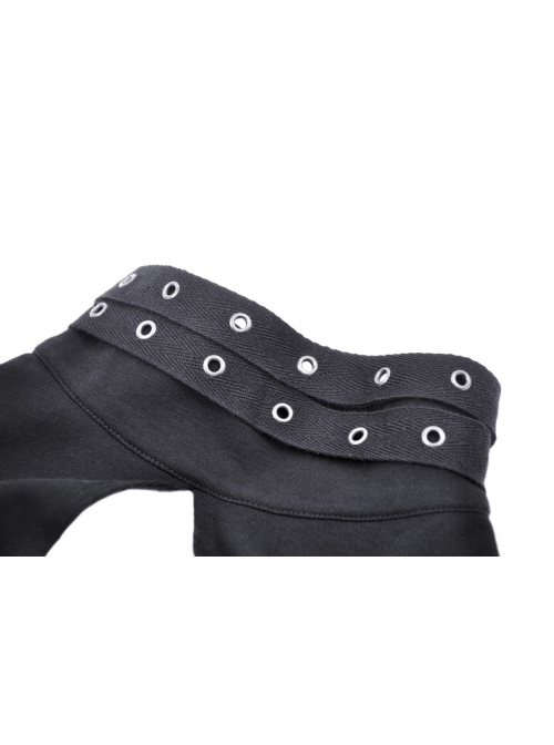 Black Waist Sexy Hollow Mesh Neckline With Metal Eyelets Punk Style Long Sleeved T-Shirt