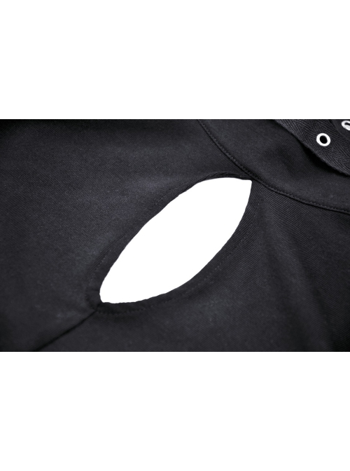 Black Waist Sexy Hollow Mesh Neckline With Metal Eyelets Punk Style Long Sleeved T-Shirt