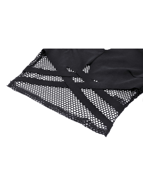Black Waist Sexy Hollow Mesh Neckline With Metal Eyelets Punk Style Long Sleeved T-Shirt