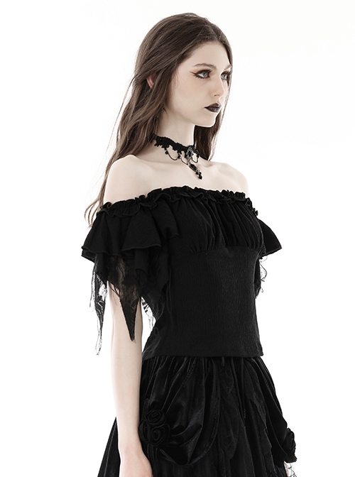 Sexy One Shoulder Low Cut Irregular Webbing Short Sleeved Gothic Top