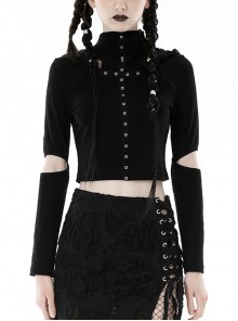 Black Metal Eyelet Personality Hollow Hole Hooded Punk Style Long Sleeved Top