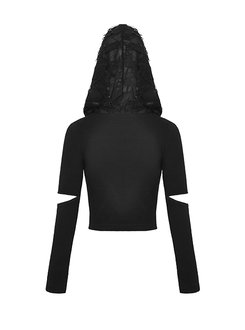 Black Metal Eyelet Personality Hollow Hole Hooded Punk Style Long Sleeved Top