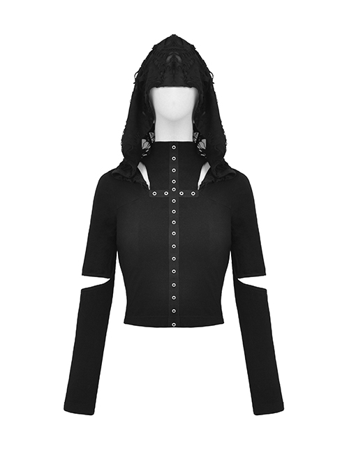 Black Metal Eyelet Personality Hollow Hole Hooded Punk Style Long Sleeved Top