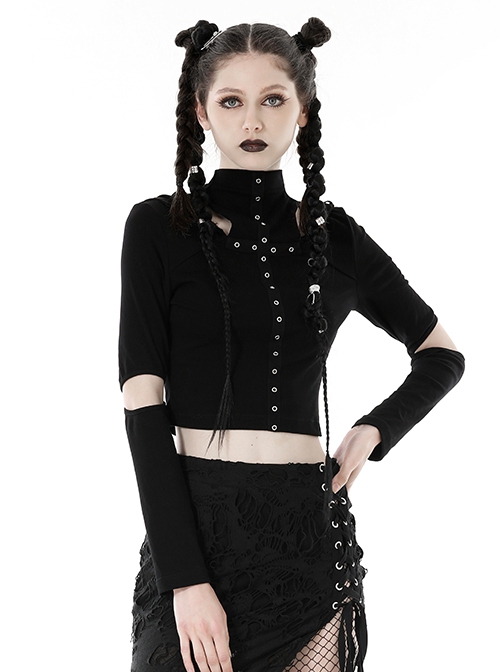 Black Metal Eyelet Personality Hollow Hole Hooded Punk Style Long Sleeved Top