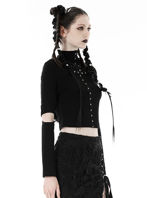 Black Metal Eyelet Personality Hollow Hole Hooded Punk Style Long Sleeved Top