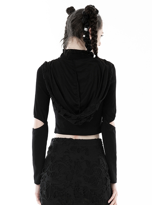 Black Metal Eyelet Personality Hollow Hole Hooded Punk Style Long Sleeved Top