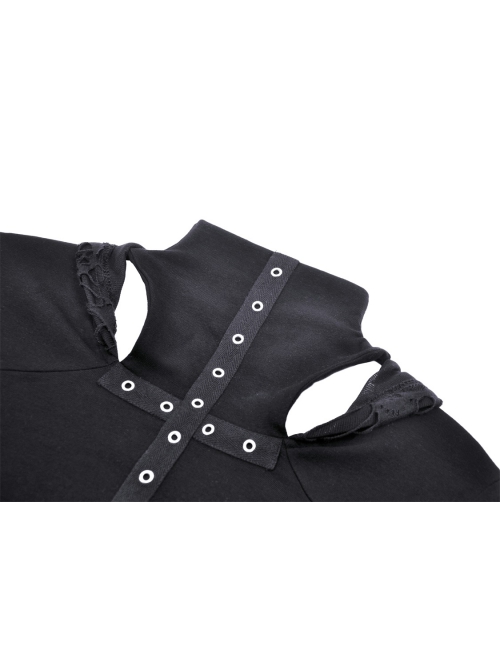 Black Metal Eyelet Personality Hollow Hole Hooded Punk Style Long Sleeved Top