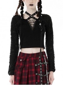 Sexy Black Ripped Front Cross Lace Deep V-Neck Punk Style Long Sleeved T-Shirt