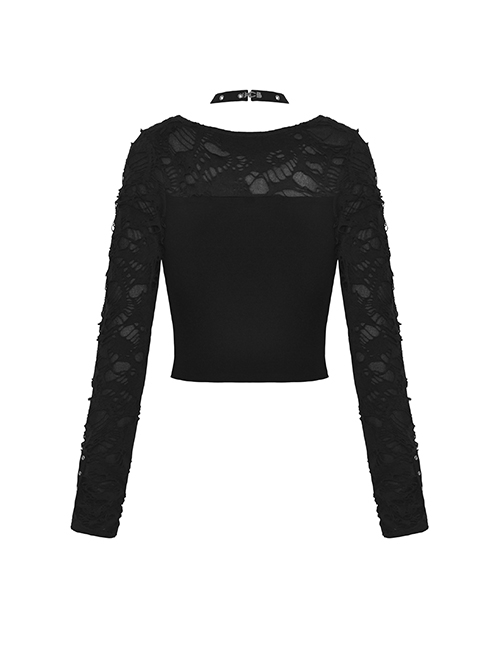 Sexy Black Ripped Front Cross Lace Deep V-Neck Punk Style Long Sleeved T-Shirt