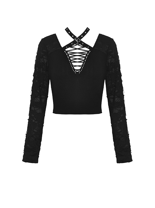 Sexy Black Ripped Front Cross Lace Deep V-Neck Punk Style Long Sleeved T-Shirt
