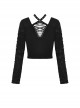 Sexy Black Ripped Front Cross Lace Deep V-Neck Punk Style Long Sleeved T-Shirt