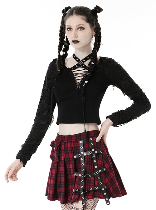 Sexy Black Ripped Front Cross Lace Deep V-Neck Punk Style Long Sleeved T-Shirt