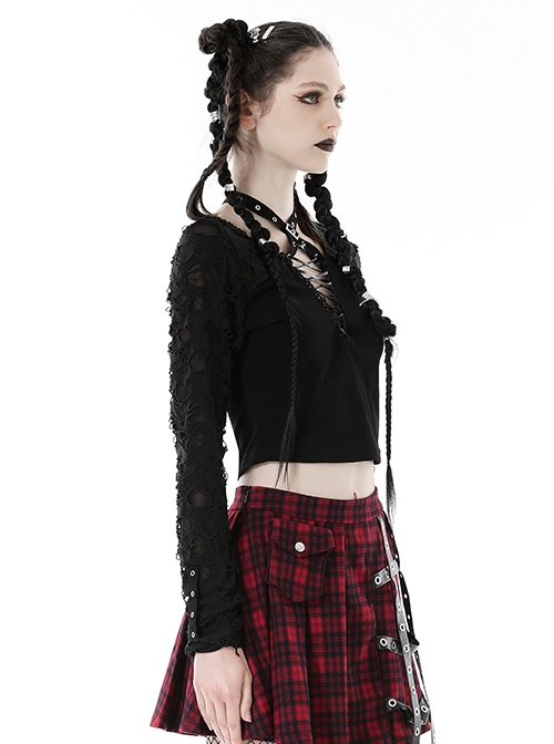 Sexy Black Ripped Front Cross Lace Deep V-Neck Punk Style Long Sleeved T-Shirt