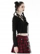 Sexy Black Ripped Front Cross Lace Deep V-Neck Punk Style Long Sleeved T-Shirt