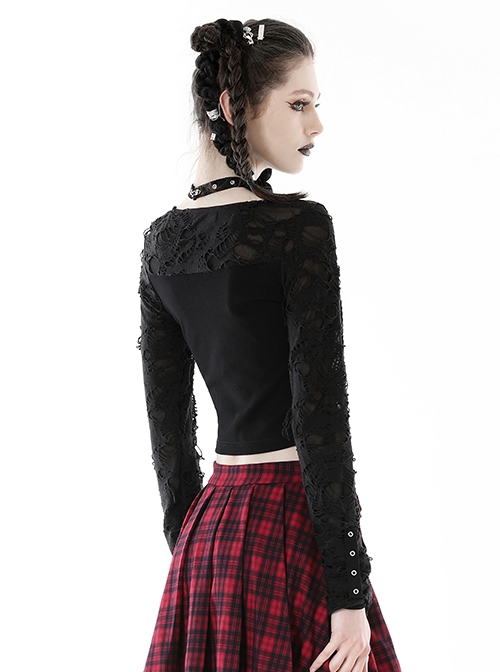 Sexy Black Ripped Front Cross Lace Deep V-Neck Punk Style Long Sleeved T-Shirt