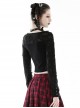 Sexy Black Ripped Front Cross Lace Deep V-Neck Punk Style Long Sleeved T-Shirt