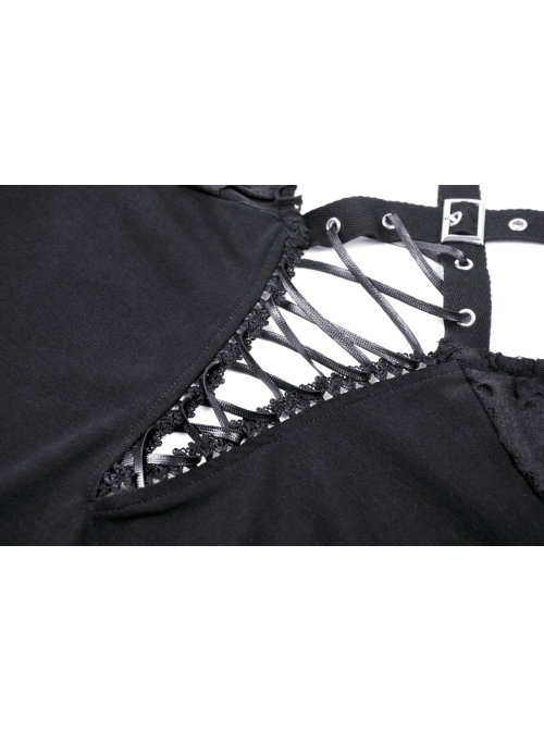 Sexy Black Ripped Front Cross Lace Deep V-Neck Punk Style Long Sleeved T-Shirt