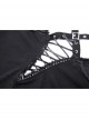 Sexy Black Ripped Front Cross Lace Deep V-Neck Punk Style Long Sleeved T-Shirt