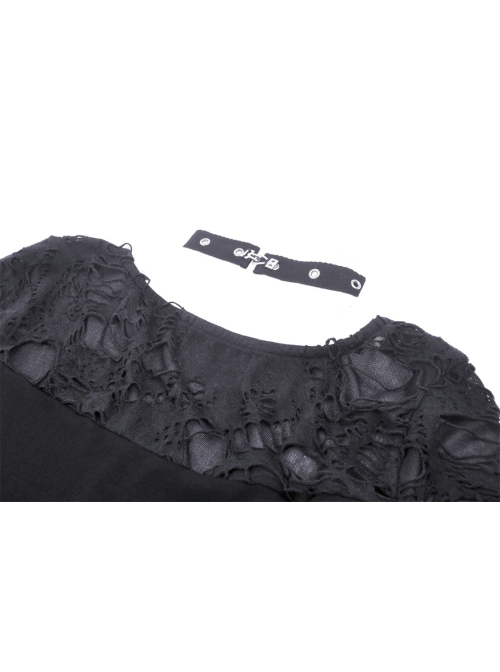 Sexy Black Ripped Front Cross Lace Deep V-Neck Punk Style Long Sleeved T-Shirt