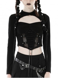 Black Slim Fitting Front Hollow Mesh Back Metal Zipper Punk Style Long Sleeved Short T-Shirt