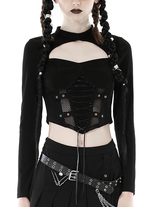 Black Slim Fitting Front Hollow Mesh Back Metal Zipper Punk Style Long Sleeved Short T-Shirt