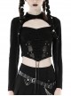 Black Slim Fitting Front Hollow Mesh Back Metal Zipper Punk Style Long Sleeved Short T-Shirt