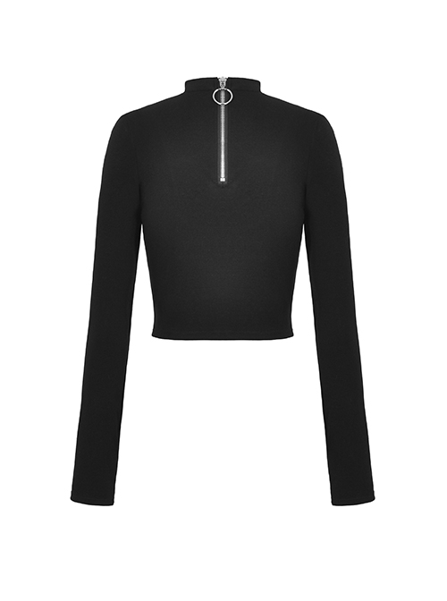 Black Slim Fitting Front Hollow Mesh Back Metal Zipper Punk Style Long Sleeved Short T-Shirt
