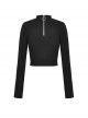 Black Slim Fitting Front Hollow Mesh Back Metal Zipper Punk Style Long Sleeved Short T-Shirt