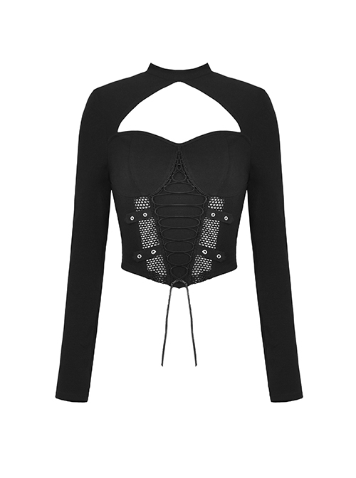 Black Slim Fitting Front Hollow Mesh Back Metal Zipper Punk Style Long Sleeved Short T-Shirt