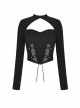 Black Slim Fitting Front Hollow Mesh Back Metal Zipper Punk Style Long Sleeved Short T-Shirt