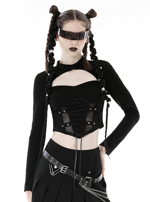 Black Slim Fitting Front Hollow Mesh Back Metal Zipper Punk Style Long Sleeved Short T-Shirt