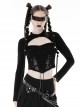 Black Slim Fitting Front Hollow Mesh Back Metal Zipper Punk Style Long Sleeved Short T-Shirt