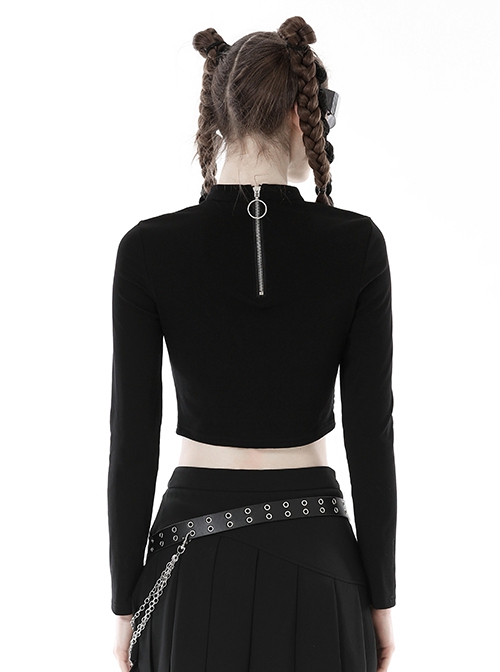 Black Slim Fitting Front Hollow Mesh Back Metal Zipper Punk Style Long Sleeved Short T-Shirt