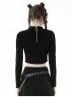 Black Slim Fitting Front Hollow Mesh Back Metal Zipper Punk Style Long Sleeved Short T-Shirt