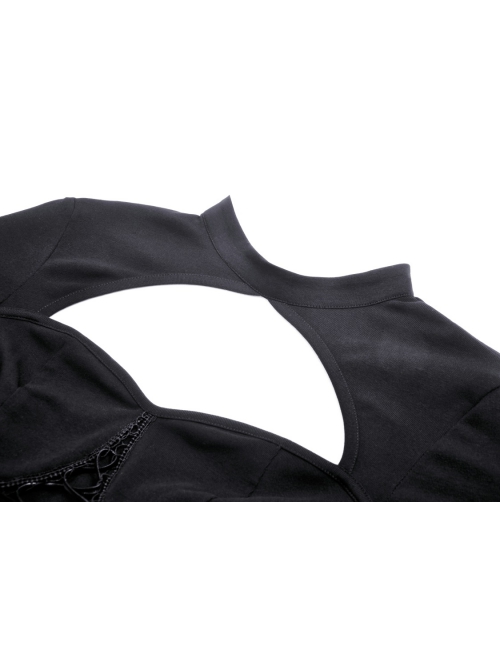 Black Slim Fitting Front Hollow Mesh Back Metal Zipper Punk Style Long Sleeved Short T-Shirt