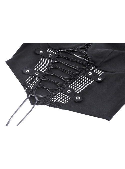 Black Slim Fitting Front Hollow Mesh Back Metal Zipper Punk Style Long Sleeved Short T-Shirt