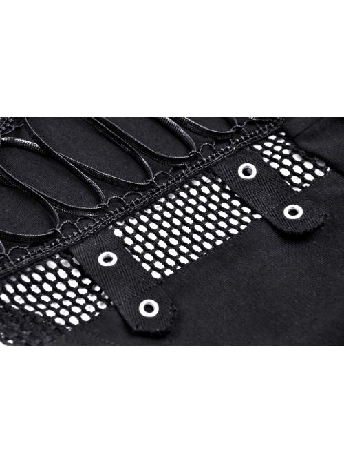 Black Slim Fitting Front Hollow Mesh Back Metal Zipper Punk Style Long Sleeved Short T-Shirt