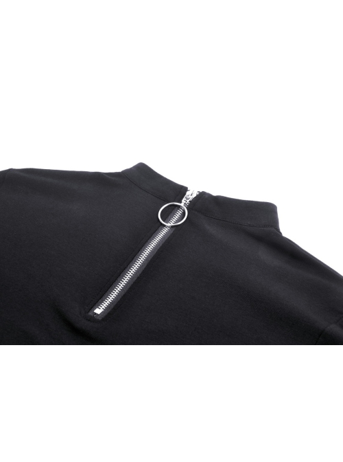 Black Slim Fitting Front Hollow Mesh Back Metal Zipper Punk Style Long Sleeved Short T-Shirt