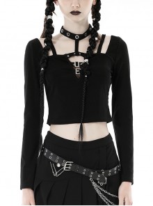 Personalized Black Front Chest Metal Buckle Fake Suspender Decoration Punk Style Long Sleeved Crop Top