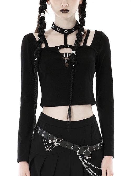 Personalized Black Front Chest Metal Buckle Fake Suspender Decoration Punk Style Long Sleeved Crop Top