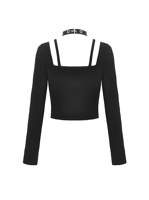 Personalized Black Front Chest Metal Buckle Fake Suspender Decoration Punk Style Long Sleeved Crop Top