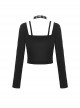 Personalized Black Front Chest Metal Buckle Fake Suspender Decoration Punk Style Long Sleeved Crop Top