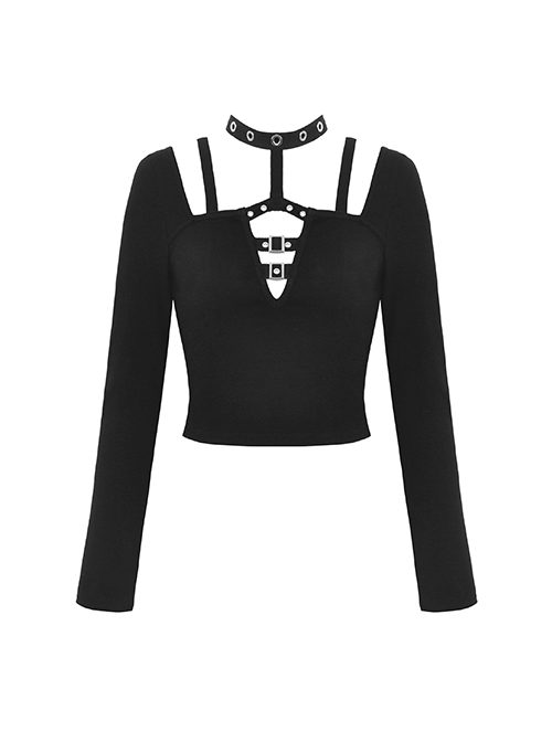 Personalized Black Front Chest Metal Buckle Fake Suspender Decoration Punk Style Long Sleeved Crop Top