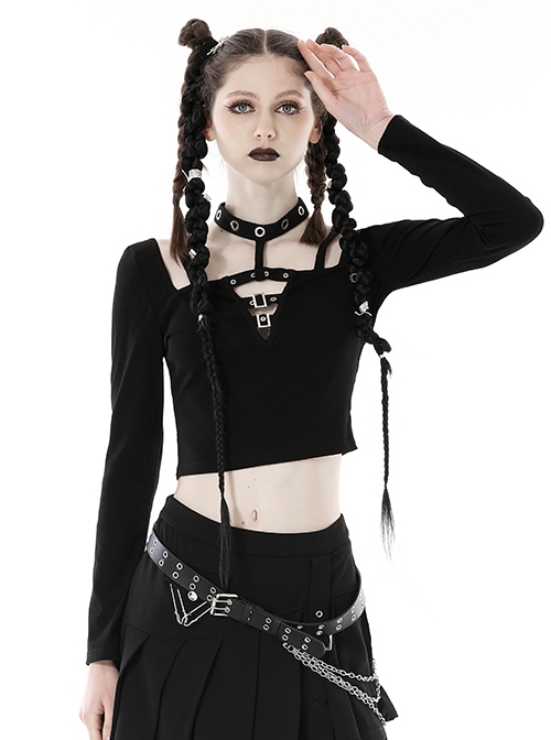 Personalized Black Front Chest Metal Buckle Fake Suspender Decoration Punk Style Long Sleeved Crop Top
