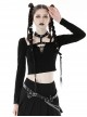 Personalized Black Front Chest Metal Buckle Fake Suspender Decoration Punk Style Long Sleeved Crop Top