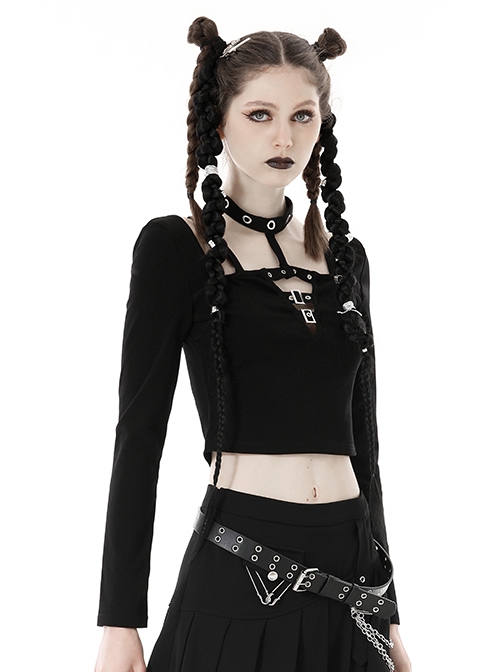 Personalized Black Front Chest Metal Buckle Fake Suspender Decoration Punk Style Long Sleeved Crop Top