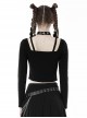 Personalized Black Front Chest Metal Buckle Fake Suspender Decoration Punk Style Long Sleeved Crop Top