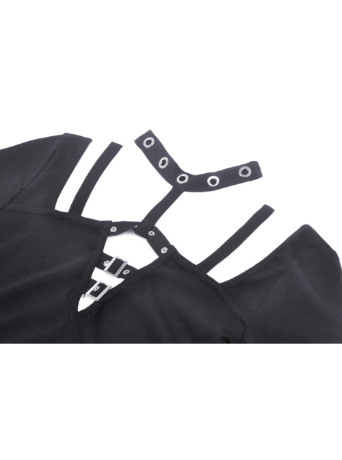 Personalized Black Front Chest Metal Buckle Fake Suspender Decoration Punk Style Long Sleeved Crop Top