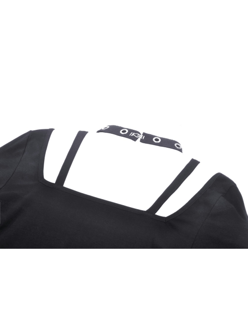 Personalized Black Front Chest Metal Buckle Fake Suspender Decoration Punk Style Long Sleeved Crop Top
