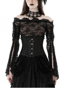 Sexy Black See Through Lace Printed Bateau Neck Off Shoulder Gothic Style Long Sleeved T-Shirt